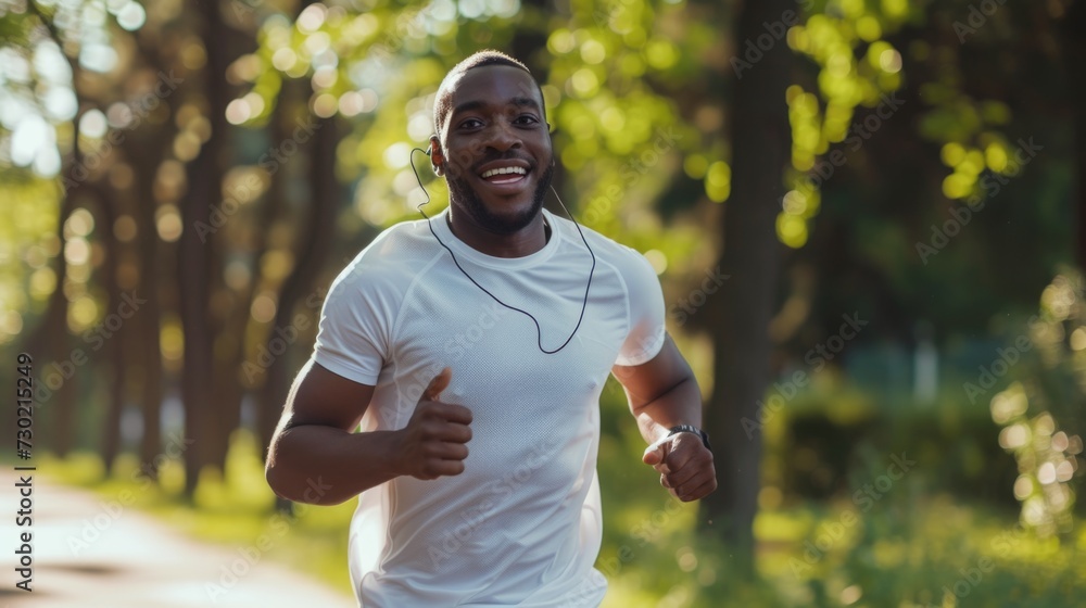 Smiling African American man running with headphones in a sunlit park Smiling African American man running with headphones in a sunlit park