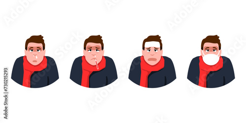 Set of young man sick on isolated background, Vector illustration.