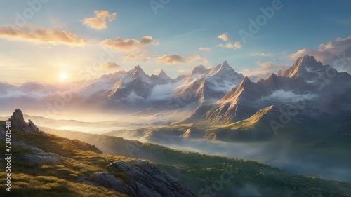 Golden sunset over majestic mountain peaks. Ideal for travel, nature themes. Sharp, dramatic landscape