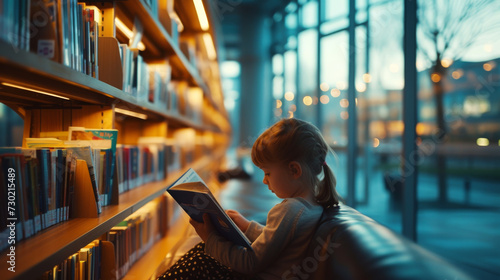 Little girl in library reading a children's book at sunset photo