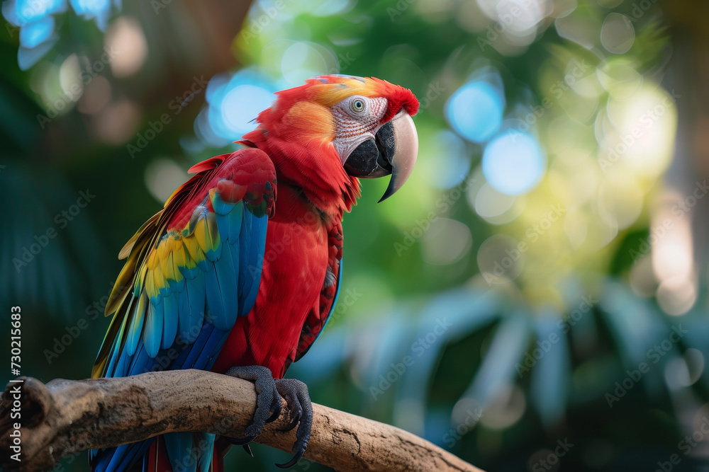 Wildlife shot of red and yellow macaw parrot sitting on tropical forest tree branches