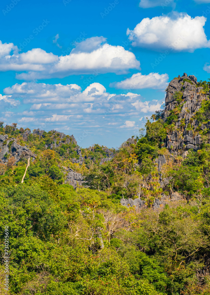Aerial panorama of Thailand's  National Park, there is a well-known tourist destination with views of the forest and limestone mountain.