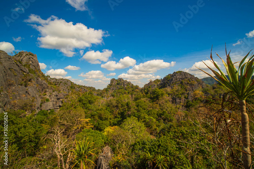 Aerial panorama of Thailand's National Park, there is a well-known tourist destination with views of the forest and limestone mountain.