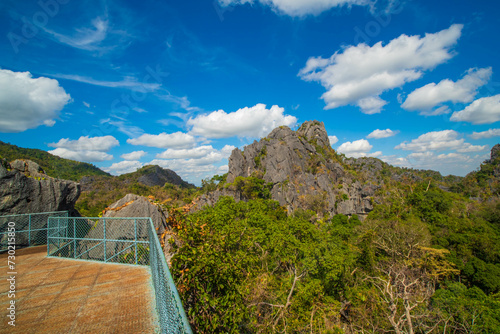 Aerial panorama of Thailand's National Park, there is a well-known tourist destination with views of the forest and limestone mountain.