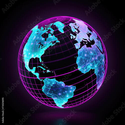 Digital world map terrestrial globe with neon glow against dark background