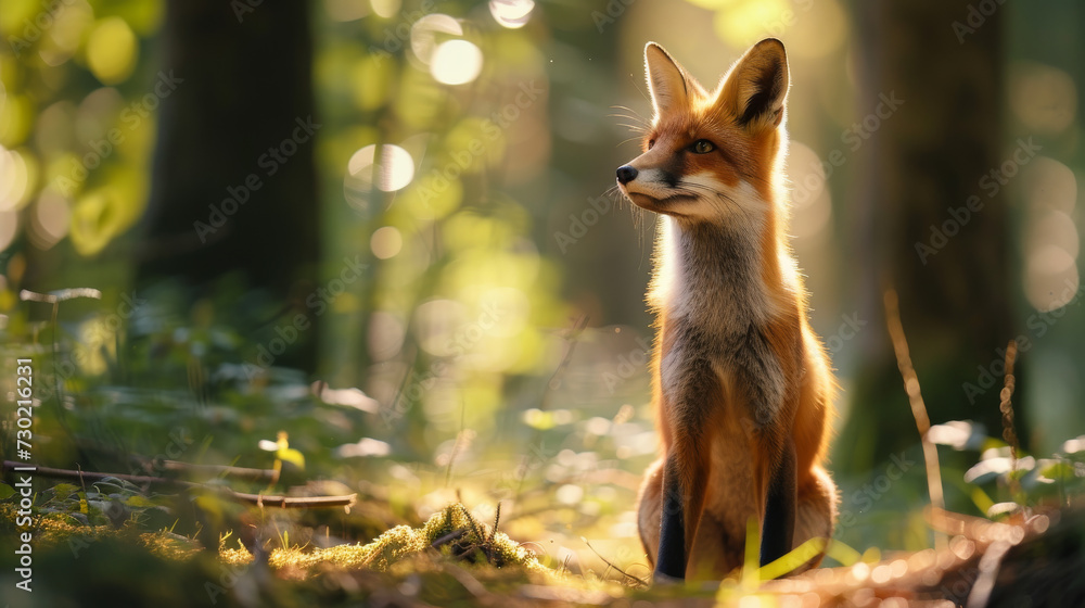 Obraz premium Red fox walking in beautiful woods
