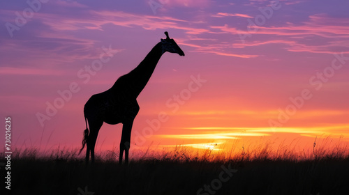 Giraffe silhouette at sunset in savanna