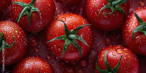 Fresh tomatoes in water drops. Horizontal vegetables background.