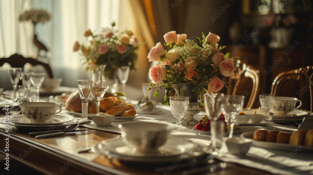 Morning brunch with beautiful decorations and food in morning light