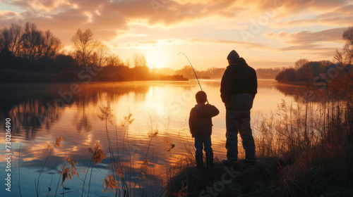 Silhouettes of father and son fishing with a rod at sunset in wilderness