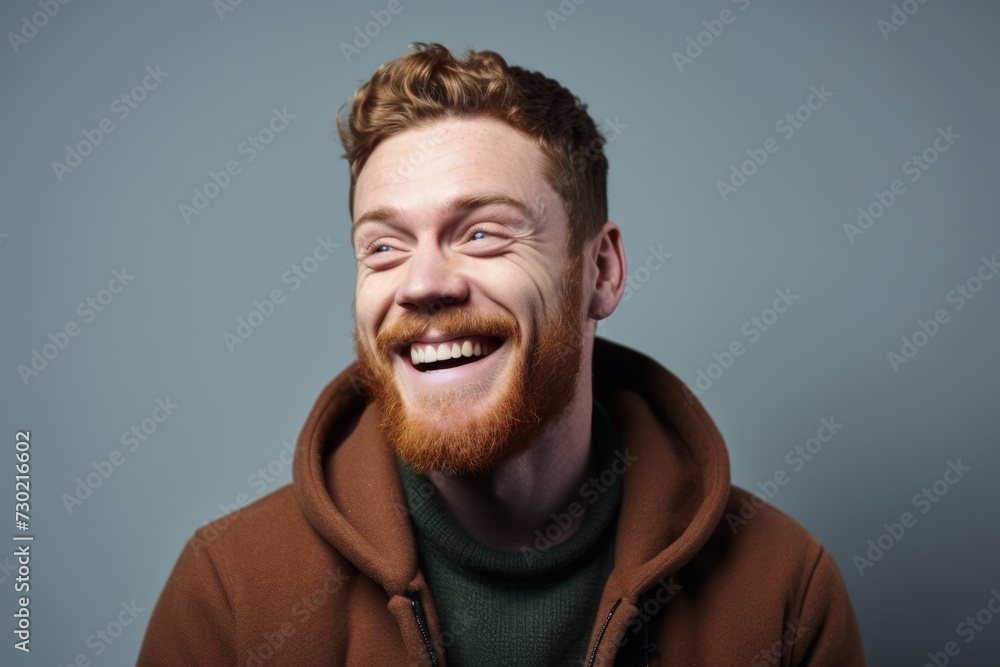 Portrait of a happy red-bearded man in a brown hoodie. Portrait of a happy red-bearded man in a brown hoodie.