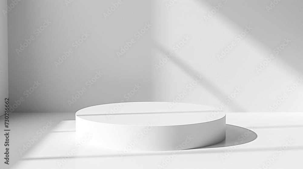 White realistic 3D round podium with natural light in studio for product promotion and advertising. Generative AI White realistic 3D round podium with natural light in studio for product promotion and advertising. Generative AI
