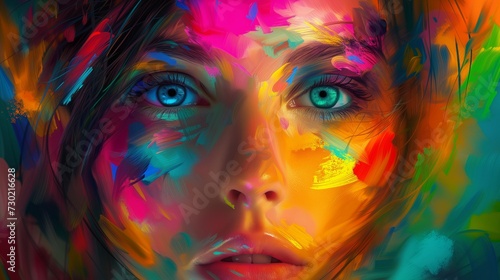 An enchanting image unfolds as the vibrant hues of a colorful palette come together to form a captivating portrayal of a girl's face. 