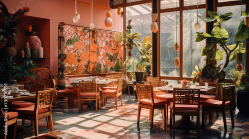 Warm Bali sunlight cafe interior with Peach Fuzz color walls  maximalist design