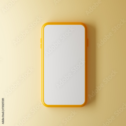 Smartphone with blank screen isolated over yellow background. Top view. Mockup template. 3d rendering.