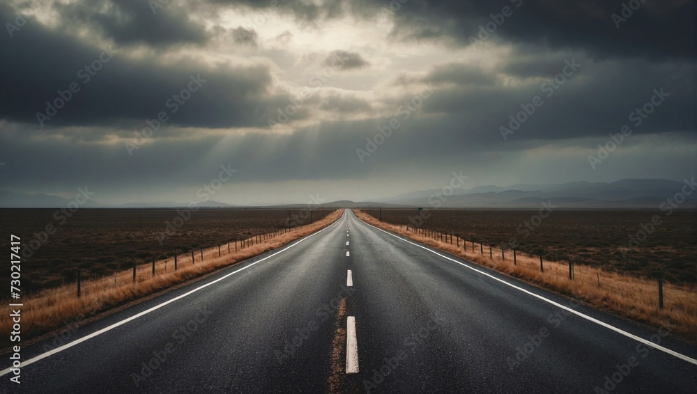 A melancholic, empty road stretches into the horizon under a dramatic cloudy sky, flanked by golden fields and a distant mountain range, conveying a sense of solitude and vastness.