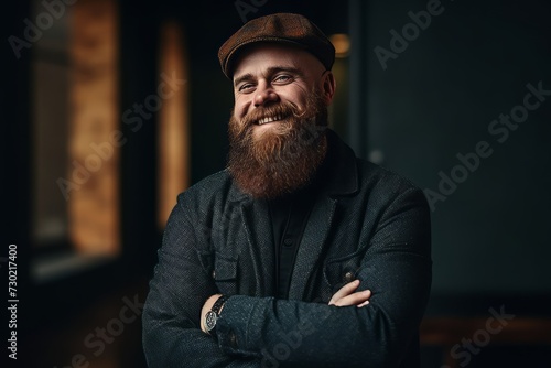 Portrait of a bearded hipster man wearing a cap and jacket.