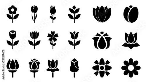 set of black and white flowers roses leaf floral nature tree oak icons vector illustration  #730217401