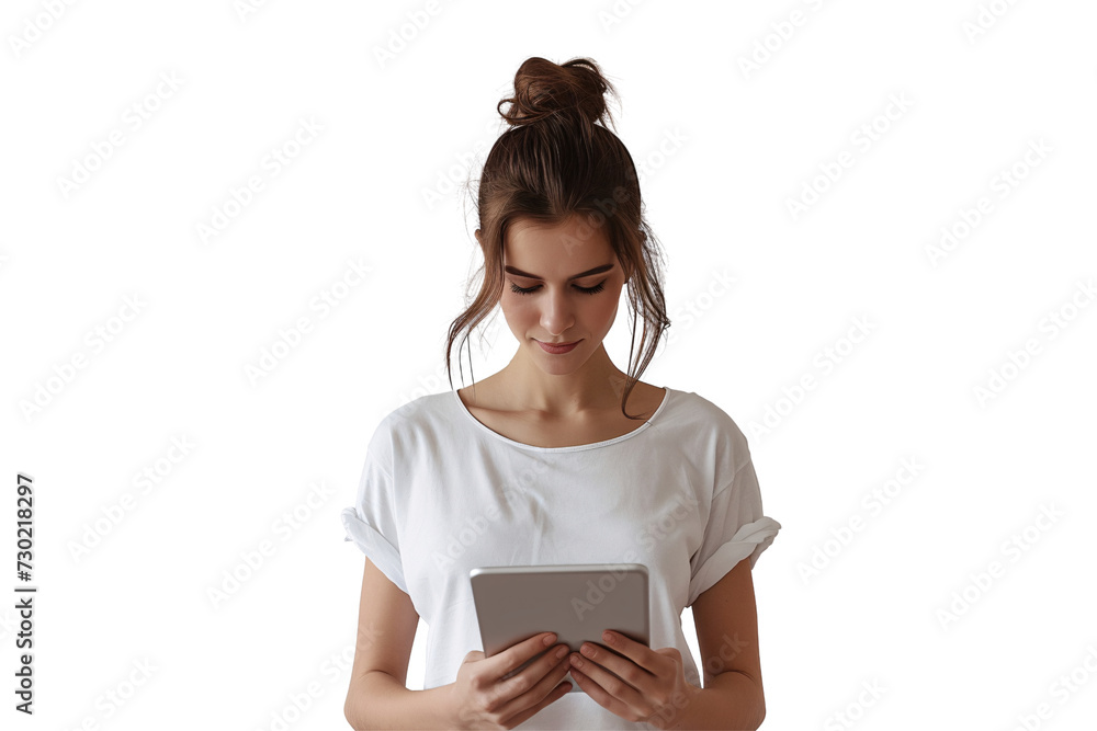 Woman with Digital Tablet: A PNG cutout featuring a stylish lady engaging with a tablet, complete with a realistic shadow for easy integration on transparent backgrounds. Woman with Digital Tablet: A PNG cutout featuring a stylish lady engaging with a tablet, complete with a realistic shadow for easy integration on transparent backgrounds.