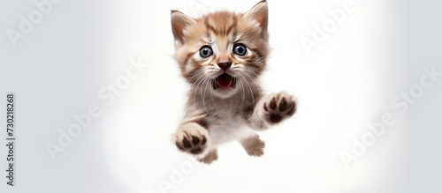 cute kitten jumping in the air while looking at the camera. copy space white background
