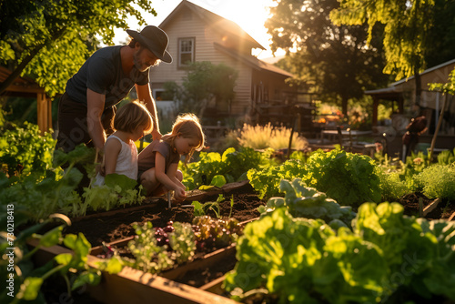 Sustainable lifestyle concept - family tending to their backyard