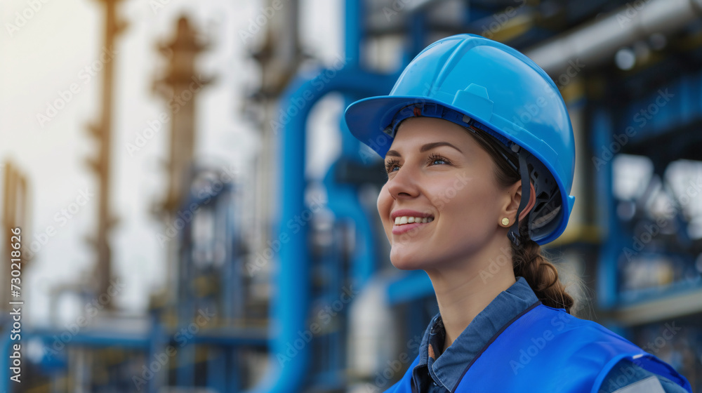 Smiling Female Engineer Overseeing Oil Refinery Operations: A joyful woman in safety gear, including a hard hat and reflective jacket, conducting an inspection at an oil refinery plant. Smiling Female Engineer Overseeing Oil Refinery Operations: A joyful woman in safety gear, including a hard hat and reflective jacket, conducting an inspection at an oil refinery plant.