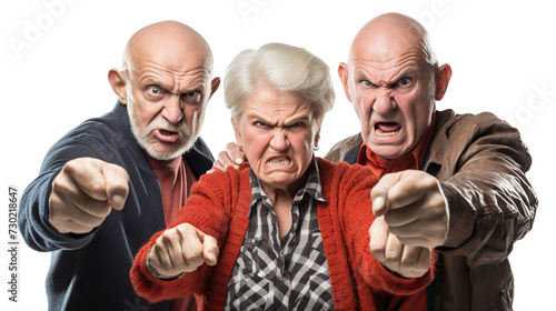 Group of elderly individuals standing with angry faces, showcasing their collective dissatisfaction, cut out photo