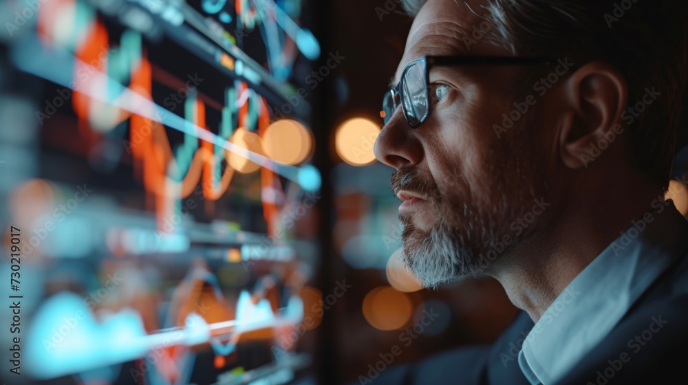 close-up of a person's eye analyzing stock market data charts on digital screen, highlighting focus and analysis in trading of businessman. close-up of a person's eye analyzing stock market data charts on digital screen, highlighting focus and analysis in trading of businessman.