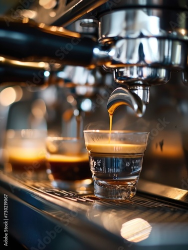 Aromatic espresso shot being brewed into a clear glass
