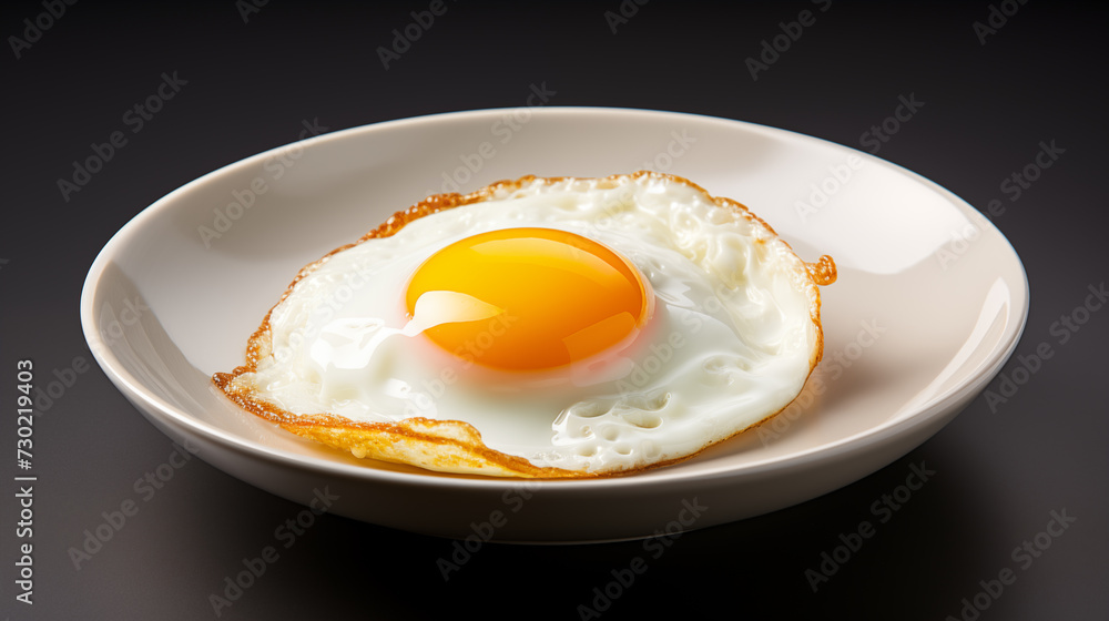 A photograph of a single fried egg centered on a white plate on black background. A photograph of a single fried egg centered on a white plate on black background.