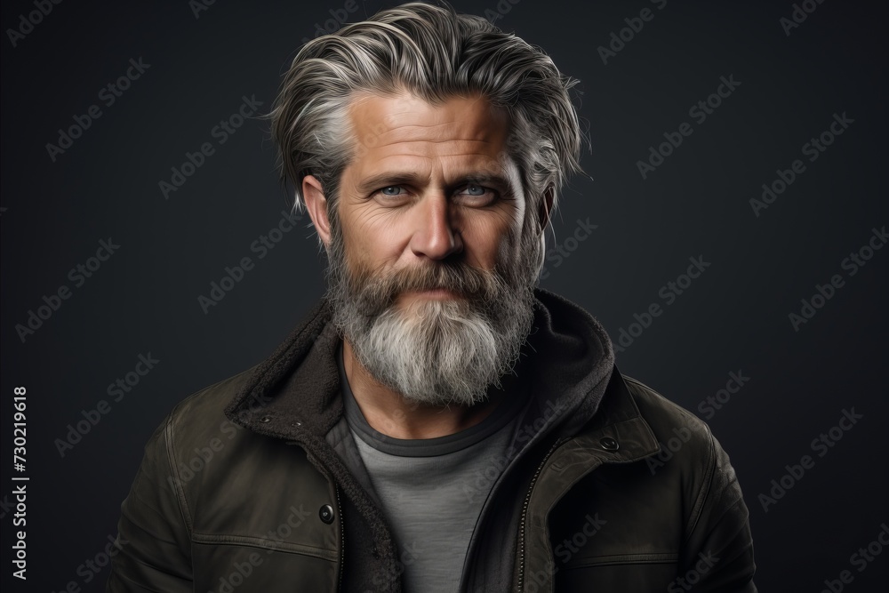 Portrait of a handsome mature man with long gray beard and mustache. Studio shot against dark grey background.
