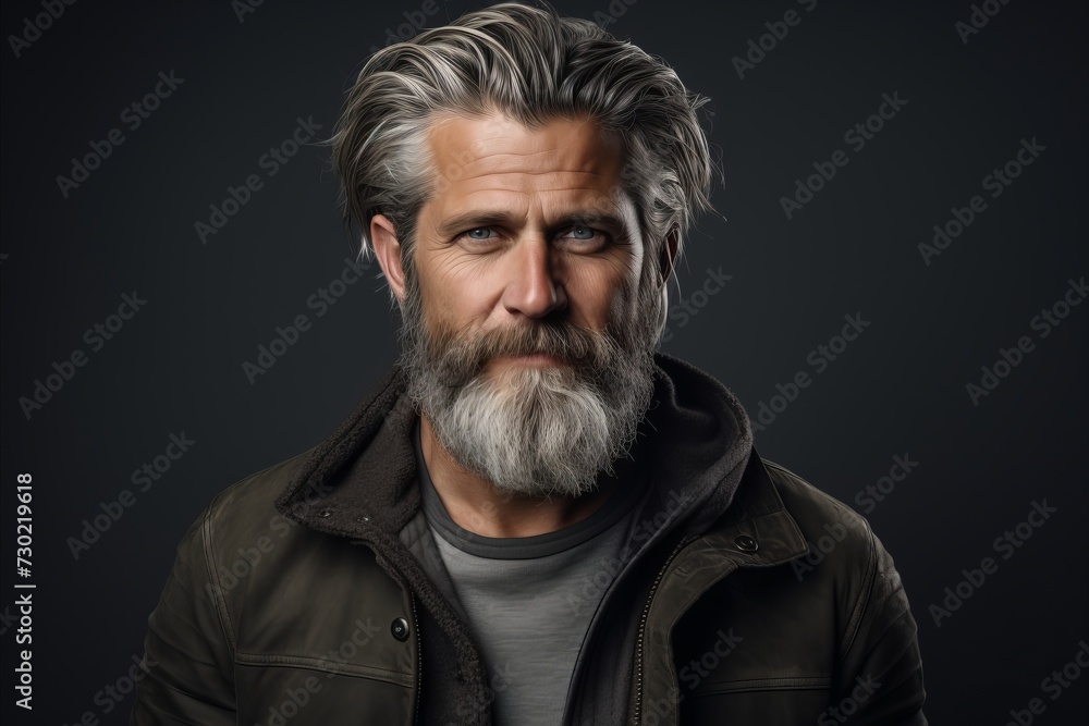 Portrait of a handsome mature man with long gray beard and mustache. Studio shot against dark grey background. Portrait of a handsome mature man with long gray beard and mustache. Studio shot against dark grey background.