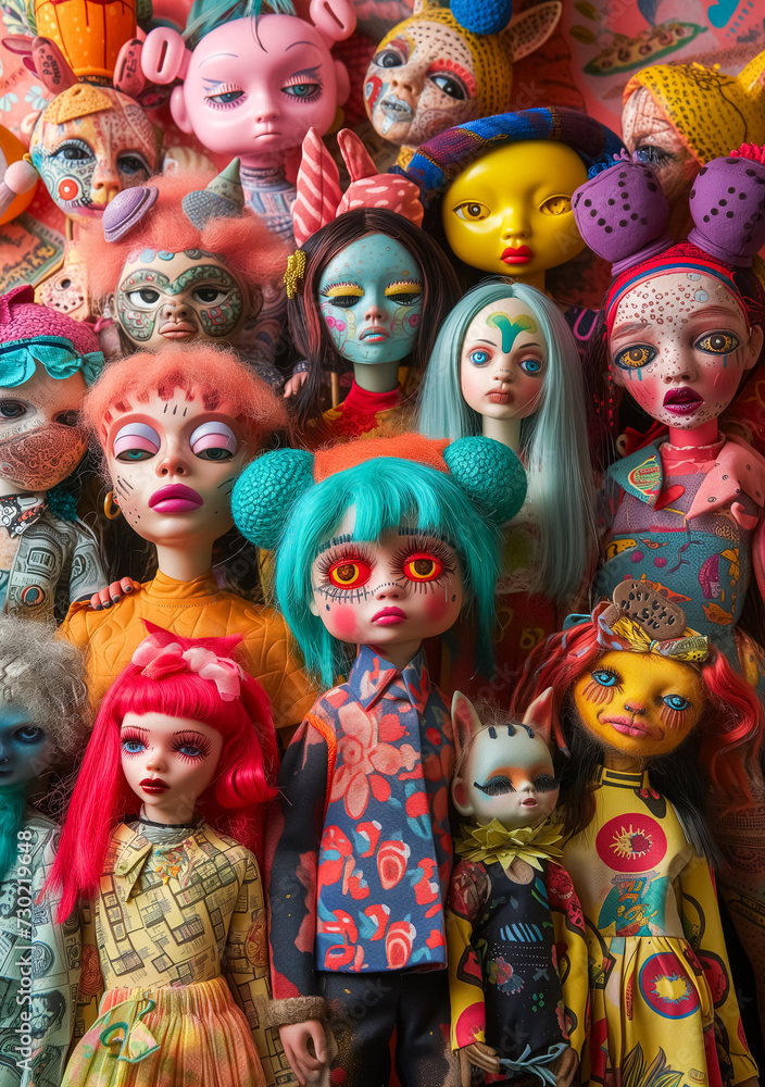Surreal, colorful dolls and toys, diverse in style and material, form an eclectic collection. 