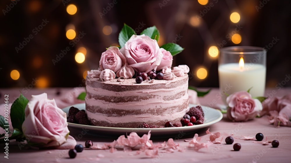 Birthday cake with cream and berries on a wooden background. Selective focus. Birthday cake with cream and berries on a wooden background. Selective focus.