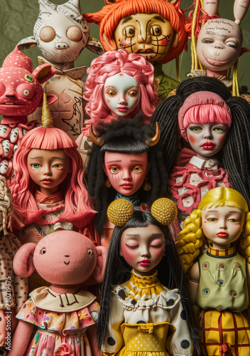Surreal, colorful dolls and toys, diverse in style and material, form an eclectic collection. 
