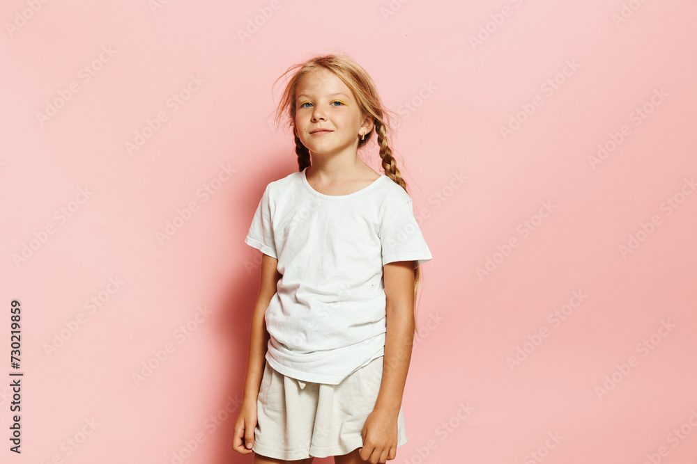 Charming Little Caucasian Girl: A Stylish Summer Portrait in Casual Attire Charming Little Caucasian Girl: A Stylish Summer Portrait in Casual Attire