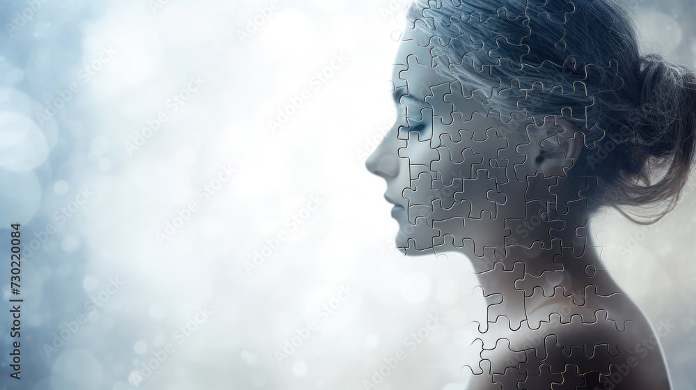 Woman profile made of jigsaw puzzle pieces, concept of mental health, disorder