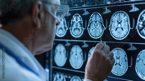A doctor analyzes detailed scans of a patient's brain
