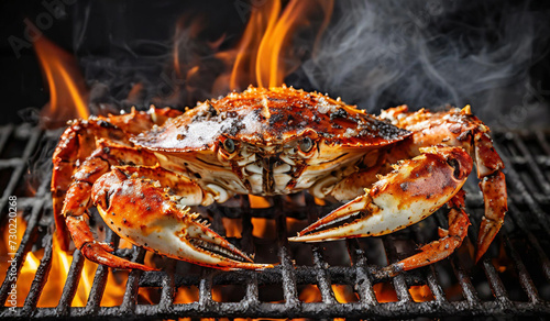 BBQ seafood Grilled Sea Crab In a grill with flames