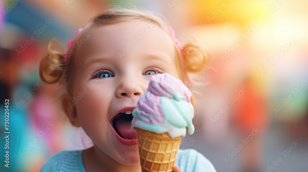 Cheerful little girl enjoying vibrant rainbow ice cream cone on sunny day Cheerful little girl enjoying vibrant rainbow ice cream cone on sunny day