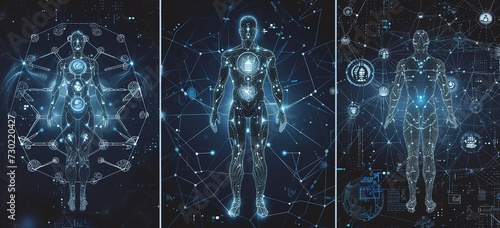 Futuristic medical interface: detailed visualization of human anatomy and systems, complemented by digital data analytics