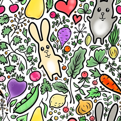 rabbits and vegetables seamless abstract pattern background fabric fashion design print wrapping paper digital illustration art texture textile wallpaper colorful apparel image 