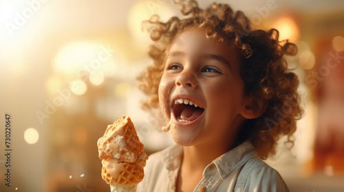 Curly haired child boy laughing with joy while eating caramel ice cream cone