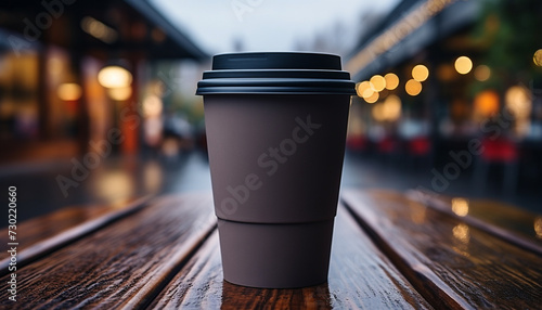 Coffee cup on table, city lights illuminate the night generated by AI