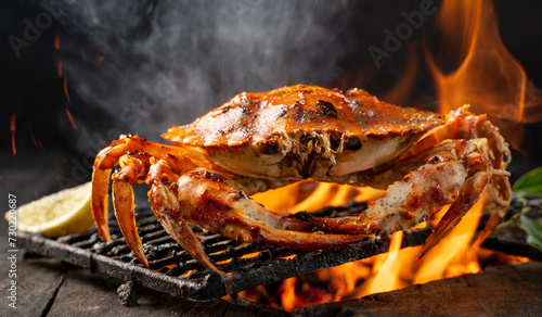 BBQ seafood Grilled Sea Crab In a grill with flames