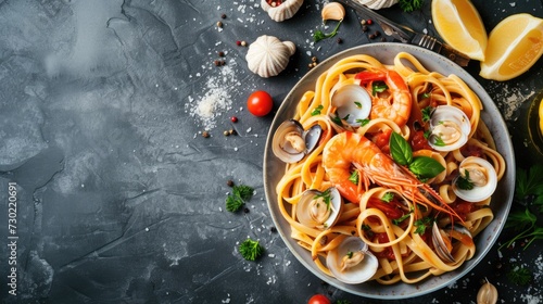 Fettuccine with seafood, clams, prawns, and tomato garnish
