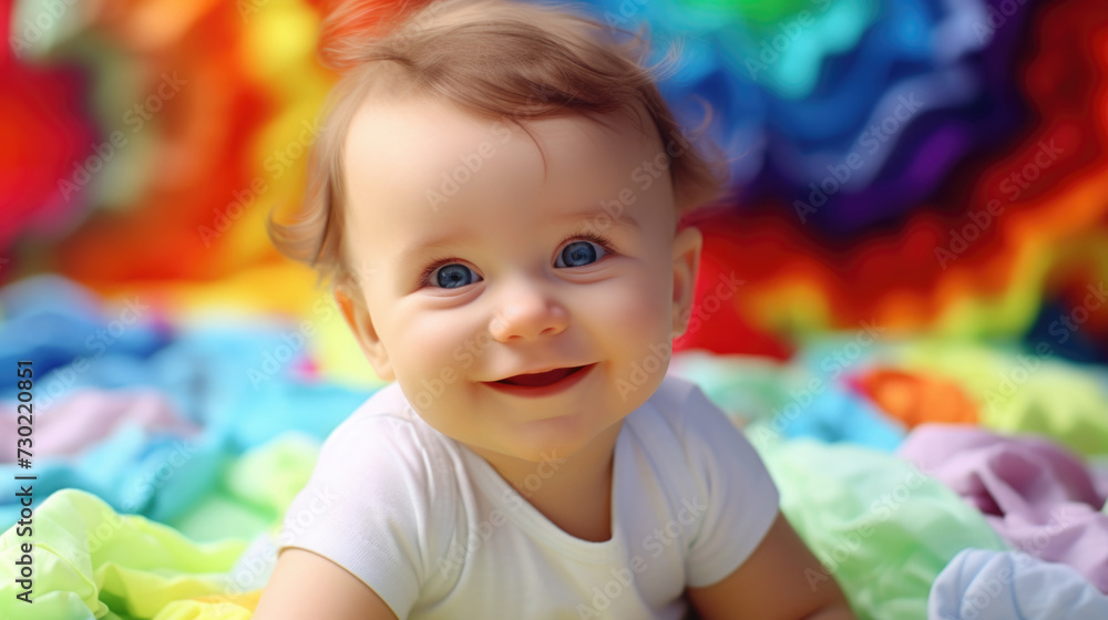 Cheerful little caucasian child on vibrant rainbow color background copy space Cheerful little caucasian child on vibrant rainbow color background copy space