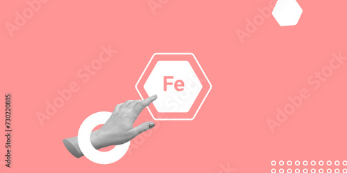 Fe, Ferrum mineral concept. Selecting products or dietary supplements high in Ferrum. Hand selects Fe icon. Minimalist art collage photo