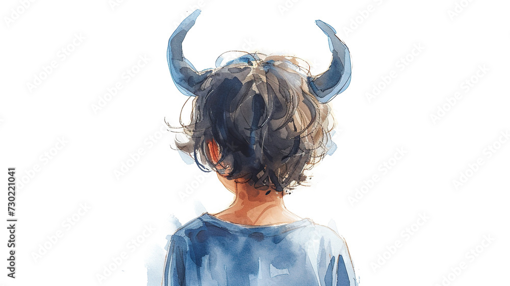 rear view of a boy with horns, cartoon watercolor illustration, animated forest boy rear view of a boy with horns, cartoon watercolor illustration, animated forest boy