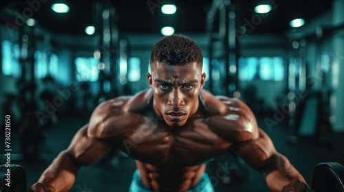 Closeup headshot of young fit sporty muscular handsome black man with brown eyes in gym while training © NickArt